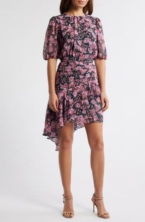Chelsea28 Floral Asymmetric Ruffle Chiffon Dress in Green- Pink Wind Floral at Nordstrom Rack, Size Xx-Small