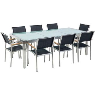 Beliani Set Giardino Tavolo Piano in Vetro Incrinato 8 Sedie Nere 220 x 110 cm Grosseto
