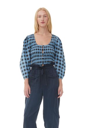 Ganni Blue Checkered Cotton Silk Blouse - Size 0