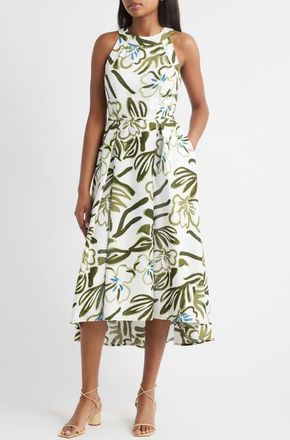Tahari by ASL Leaf Print Sleeveless Fit & Flare Dress in Ivory Olive at Nordstrom, Size 16