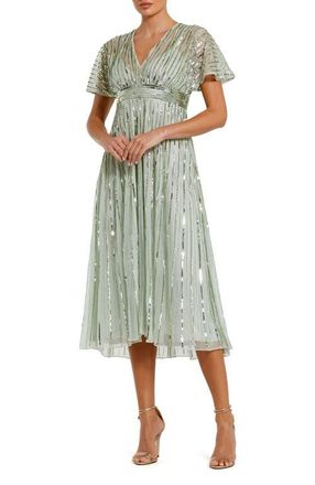 Mac Duggal Empire Waist Embellished Short Sleeve Dress in Sage at Nordstrom, Size 12