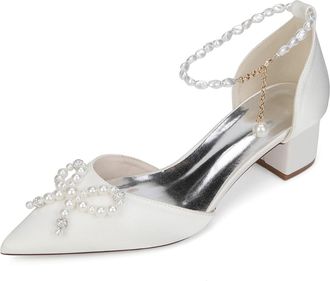Generic Wedding Shoes Women Low Heel Bridal Satin Chunky Heels Dress Shoes Wedding Ankle Strap Evening Pumps 4.5Cm,Ivory,10 UK