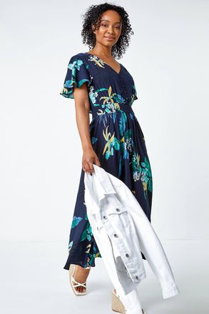 Roman Floral Shirred Midi Dress