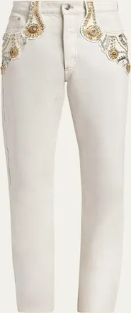 Versace Mens Crystal-Embroidered Straight-Leg Denim Jeans