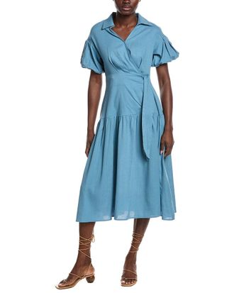 Gracia Side Waist Belt Linen-Blend Midi Wrap Dress