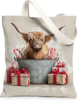Generic Christmas Cow Canvas Tote Bags, Cute Animal Reusable Grocery Bags, Vintage Lightweight Washable Shoulder Strap Canvas for T, Beige, 13x15 Inch