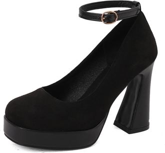 Generic Womens Ankle Strap Pumps Suede Upper Chunky Block Heel Platform Sole Round Toe Adjustable Buckle Lightweight Comfortable Shoes for Dress Casual,Black,