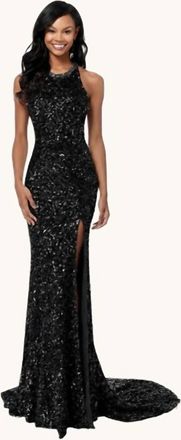 Sherri Hill Open Back High Slit Halter Gown In Black