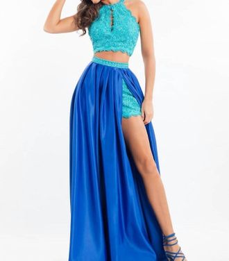 Rachel Allan Two-Piece Lace Prom Dress With Matte Satin Overskirt In Aqua/royal