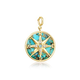 Ross-Simons Turquoise and White Topaz Compass Charm With Single Swiss Blue Topaz in 18kt Gold Over Sterling