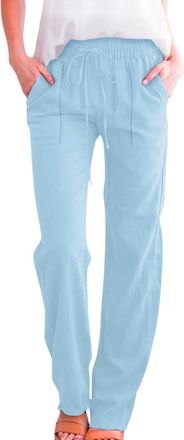 Generic Womens Linen Trousers Slim Leg Elasticated Waist Trousers Solid Color Casual Drawstring Straight Leg Cotton Linen Loose Fit Yoga Pants with Pockets Su