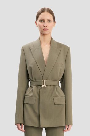 Victoria Beckham Belted Tailored Jacket In Sage Melange 10