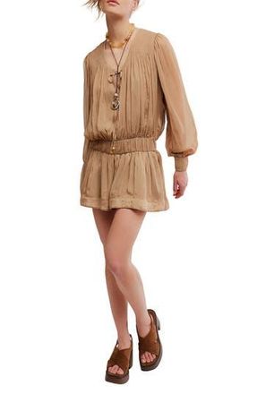 Free People Sunbeam Long Sleeve Cotton Blend Minidress in Tannin at Nordstrom Rack, Size X-Large