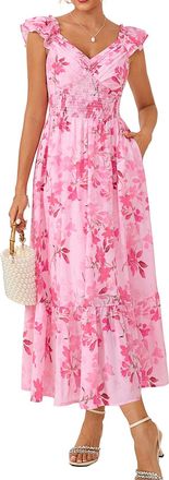 Grace Karin Womens Floral Summer Dress Pockets, V-Neck Ruffled Sleeves Smocked A-Line Dresses for Women UK, Wedding Guest Holiday Dresses Boho Beach Pink-Rose Flo