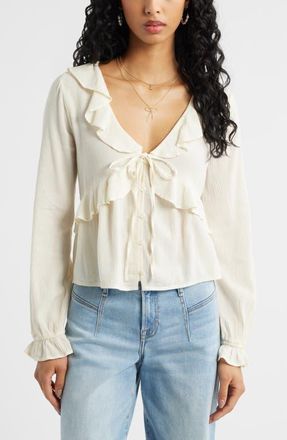 BP. Ruffle Tie Neck Button-Up Shirt in Ivory Dove at Nordstrom, Size Xx-Small
