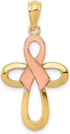 Diamond2Deal 14k Two-tone Gold Polished Pink Ribbon Cross Pendant