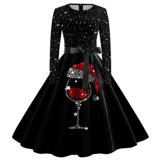 Generic Christmas Dresses for Women Xmas Prin Ladies Elegant A Line Christmas Costumes Loose Round Neck Christmas Dress Long Sleeve Cocktail Dress Funny Years