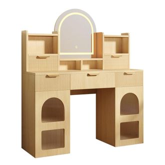 Urban Meuble Tocador efecto madera natural con espejo LED, 3 cajones y vitrinas