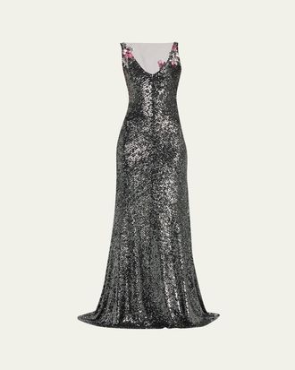 Naeem Khan Floral Applique Stretch Sequin V-Neck Gown