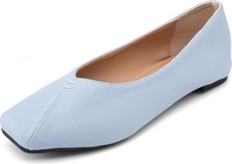 Generic Thin Sole & Pebbled Leather Ballet Flats for Women (Sizes 32-54) 1cm Square Toe Slip-On Shoes - Lightweight Wide Fit Spring & Fall,Sky Blue,4.5 UK