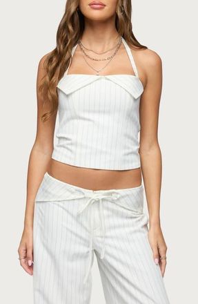 Edikted Parker Pinstripe Halter Top in White at Nordstrom, Size X-Small