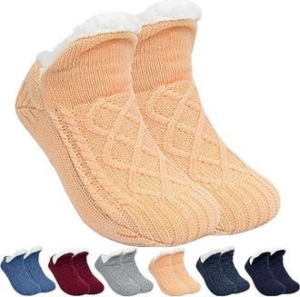 Generic Thermal Slipper Socks Women Men, Indoor Non-slip Thermal Socks, V-mouth Fluffy Slipper Sock, Winter Slipper Home Sock (Small,Apricot)