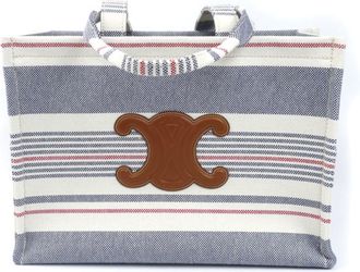 Celine Blue Red Color White Canvas Leather Tote Bag (Pre-Owned)