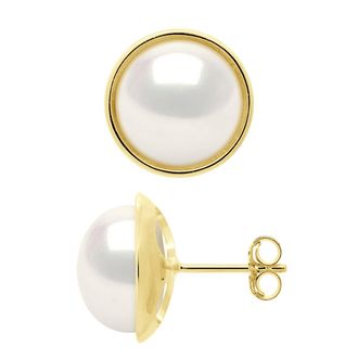 Ateliers Saint Germain Womens Earrings - Surroundings Sleek - Prestige - Yellow Gold - Real Cultured Freshwater Pearls Button 10-11 mm - One Size