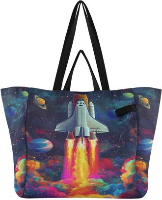 Generic Planet Colorful print Reusable Canvas Tote Bag, Heavy Duty Grocery Shopping Bag with Large Capacity Hard Bottom Double Handles Work Groceries Travel