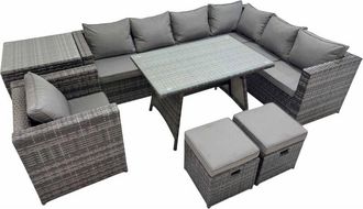 Fimous Fimous Rattan garden furniture Patio Furniture Sets with Dining Table Side Table 2 Small Stools Dark Grey Mixed