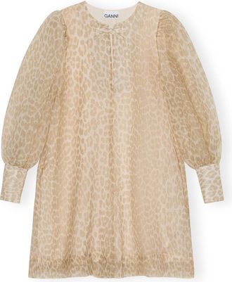 Ganni Printed Organza A-shaped Mini Dress - Size 0 Grey