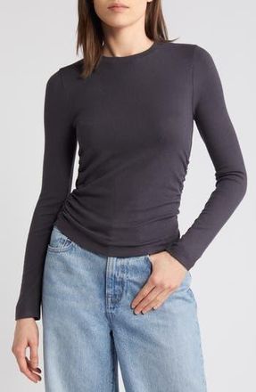 Madewell Long Sleeve Ruched Brushed Jersey Top in Black Coal at Nordstrom Rack, Size X-Small