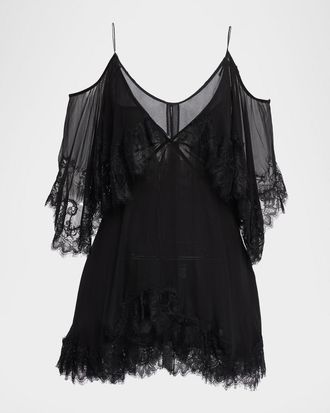 LoveShackFancy Selune Silk Lace-Trimmed Mini Dress
