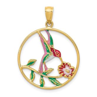Diamond2Deal 14k Yellow Gold Enameled Hummingbird Flower in Circle Pendant