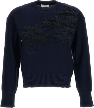 Erdem Cropped Crewneck Jumper in Extra Fine Merino Wool with Jacquard Floral Motifs