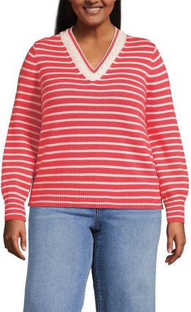 Lands End Plus Size Drifter Set in Sleeve Vneck Sweater in Coral/ivory Mini Stripe at Nordstrom, Size 3X