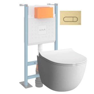 Vitra Conjunto De Inodoro Suspendido Vitra Sento En Blanco Brillante + Marco Autoportante V-fix Core + Placa De Descarga Redonda En Oro Cepillado