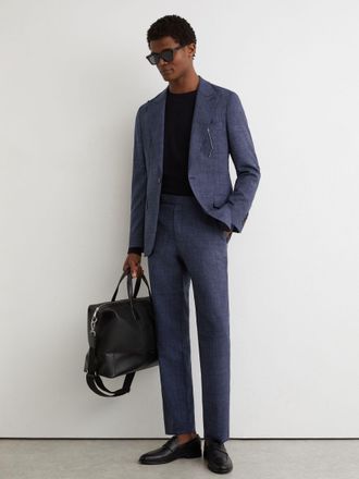 Reiss Mens Navy Wool-blend Check Classic-fit Suit Trousers, 34