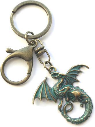Generic LARGE KEYRING - Flying Dragon - Split Ring And Trigger Clasp. Key Ring. (Verdigris)