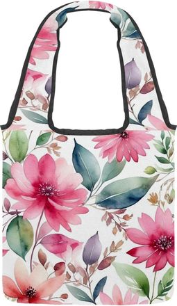 Generic Pink Flowers with Leaves Reversible Canvas Shoulder Tote - Double-Sided Print, 12oz Cotton, 27cm Drop, Fold-Flat Bag for Travel, Shopping, Street Outi