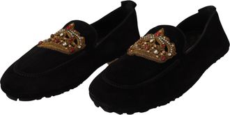 Dolce & Gabbana Mens Black Leather Crystal Gold Crown Loafers Shoes