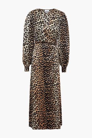 Ganni Leopard-print silk-blend satin midi wrap dress - Animal print - DE 36