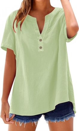 Generic Cotton Blouses for Women UK, Linen Tops for Women UK, Short Sleeve V Neck Button Up Linen Shirts Summer Casual Solid Color Loose Plus Size Blouses Min