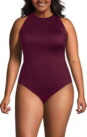 Lands End Tugless High Neck Portrait Back One Piece Swimsuit in Berry at Nordstrom, Size 26W