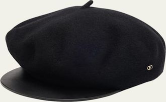 Valentino Garavani Mens VLogo Wool Beret with Calfskin Brim