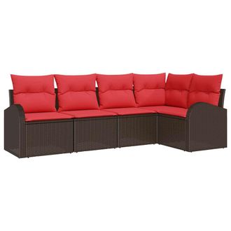 vidaXL Conjunto De Sof&aacute;s De Jard&iacute;n 5 Pcs Marr&oacute;n Y Rojo Rat&aacute;n Sint&eacute;tico Vidaxl