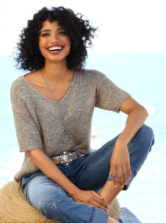 Heine Kurzarmpullover HEINE Pullover, Damen, Gr. 34, schlamm, 46% Polyester, 31% Polyacryl, 23% Polyamid, unifarben, Pullover Kurzarmpullover