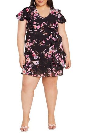 City Chic Serene Floral Tie Waist Minidress in Black Bloom at Nordstrom