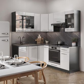 Vicco Cocina Esquinera Fame-line, Blanco Brillo/antracita, 160 X 190 Cm, Et Antracita