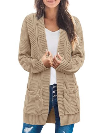 Merokeety Womens Long Sleeve Cable Knit Cardigan Sweaters Open Front Fall Outwear with Pockets, Lightkhaki, Large